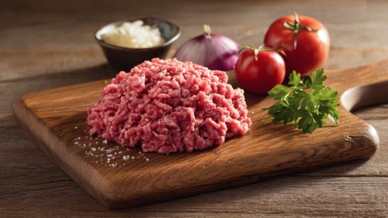 Fresh ground beef on a wooden board with vegetables beside it