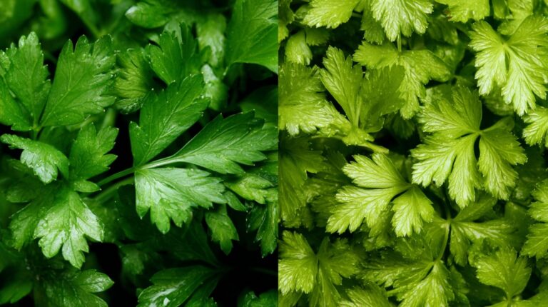 Side-by-side comparison of parsley with darker, pointed leaves and coriander with lighter, rounder leaves