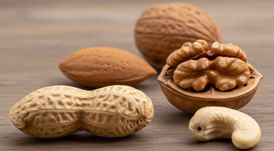 A peanut in its shell, an almond, a cracked walnut revealing its intricate kernel, and a cashew