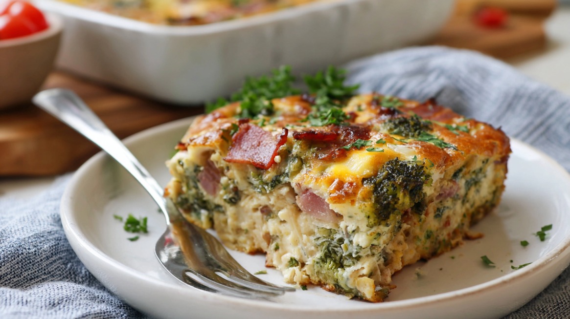 A slice of breakfast casserole with ham, broccoli, cheese, and herbs served on a white plate with a fork