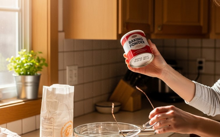 Woman holding a can of baking powder in the kitchen