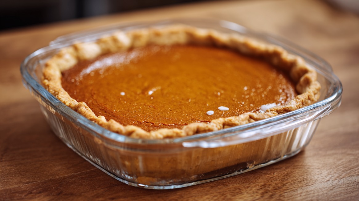 Freshly baked homemade pumpkin pie in a glass dish on a wooden counter