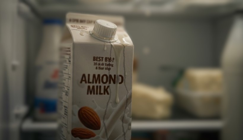 A carton of almond milk placed inside an open refrigerator