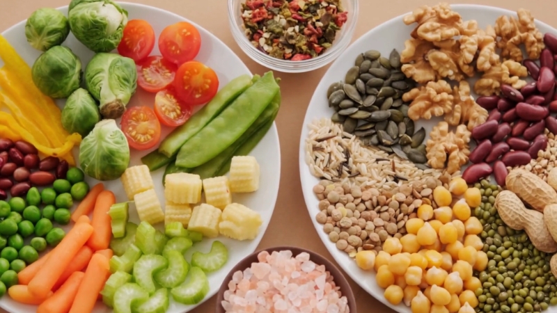 Plate with vegetables, beans, nuts, seeds, and grains rich in fiber