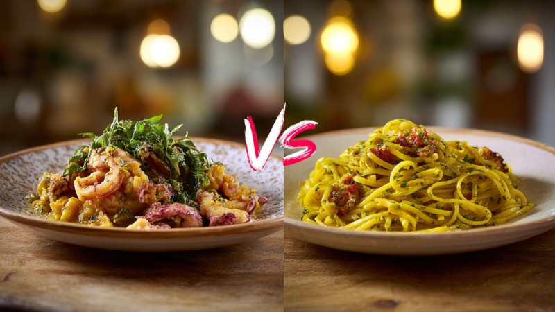 Two plates of Italian pasta dishes side by side with a bold “VS” in the center