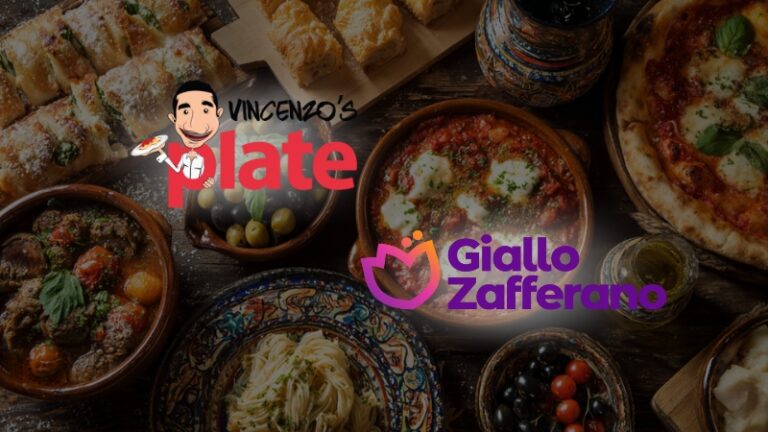 Vincenzo’s Plate vs GialloZafferano logos displayed over a table filled with classic Italian dishes like pasta, pizza, and olives