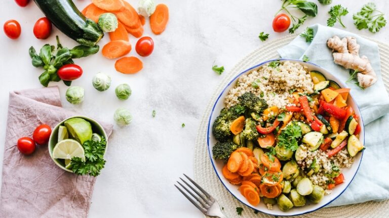 A bowl of vegetables and grains shows what a diet with too much fiber can look like