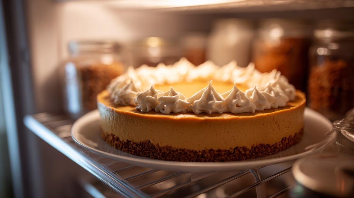 Whole pumpkin pie topped with whipped cream stored on a plate inside a refrigerator