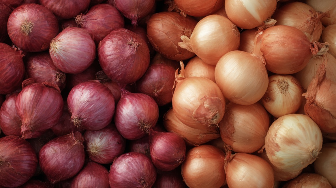 Close-up comparison of red shallots on the left and golden onions on the right, showing their distinct size and shape differences