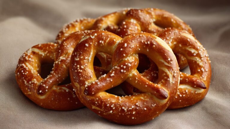 Close-up of several golden-brown soft pretzels topped with coarse salt, arranged on a beige fabric background