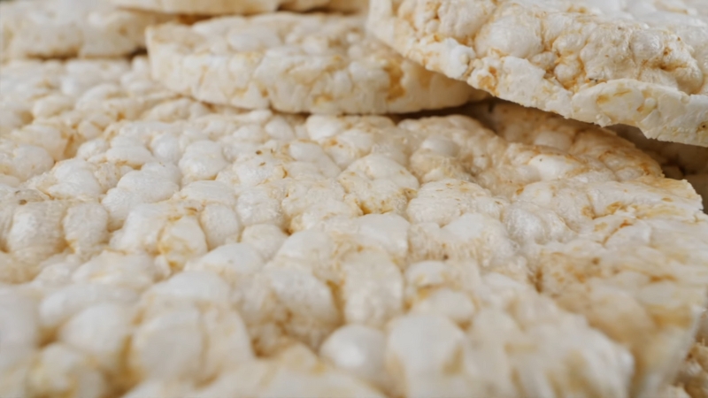 Close-up view of plain rice cakes showing their puffed texture and light surface