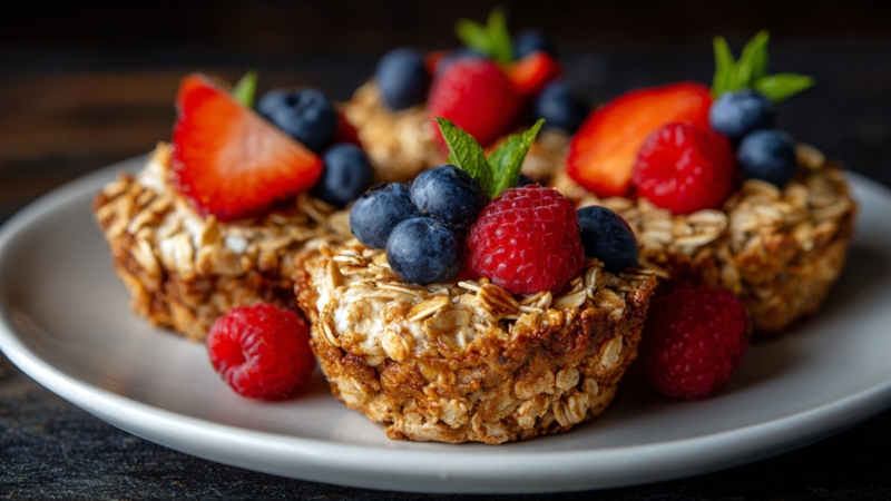 A plate of baked oatmeal cups topped with fresh blueberries, raspberries, and sliced strawberries