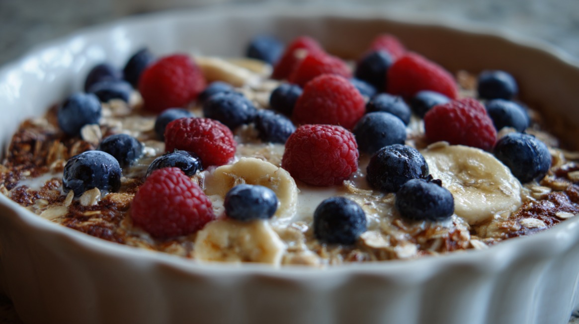 Baked oatmeal in a white dish topped with blueberries, raspberries, and banana slices