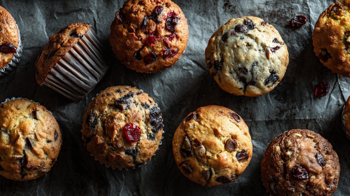 Assorted homemade muffins with chocolate chips, nuts, and dried berries arranged on a dark baking sheet