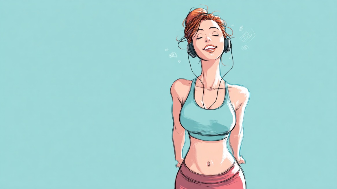 Illustration of a woman in workout clothes smiling with headphones on, symbolizing health, fitness, and confidence