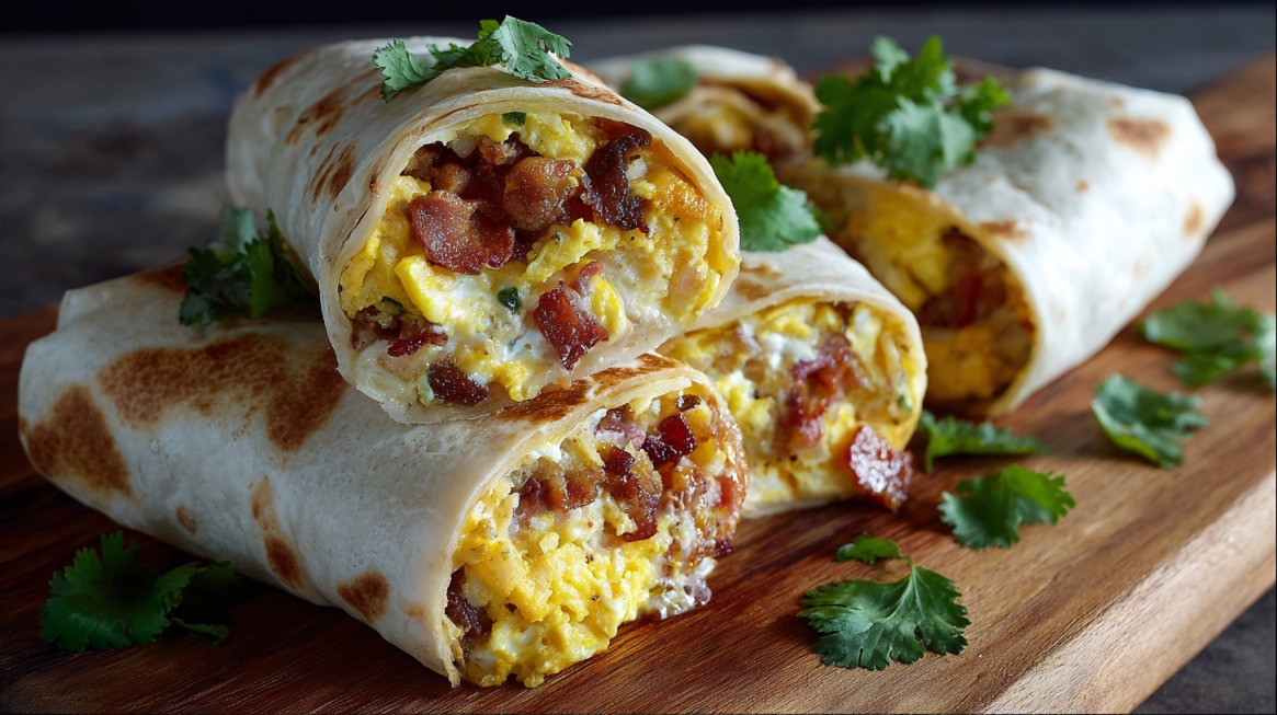 Close-up of sliced breakfast burritos filled with scrambled eggs, bacon, and cheese on a wooden board with fresh cilantro