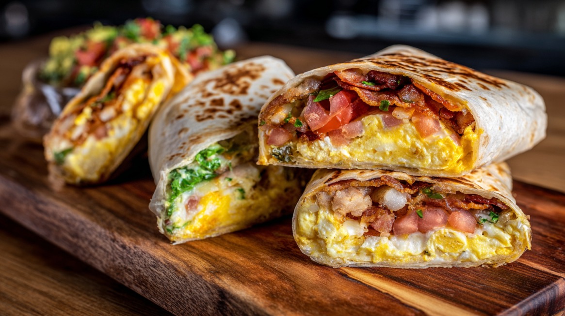 Close-up of sliced breakfast wraps filled with scrambled eggs, bacon, tomatoes, and greens on a wooden board