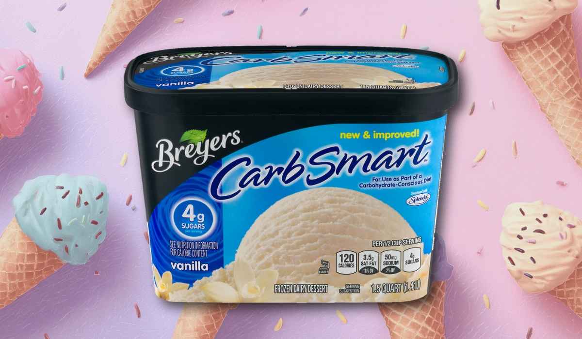 Breyers CarbSmart Vanilla ice cream tub on a pastel background decorated with ice cream cones and sprinkles