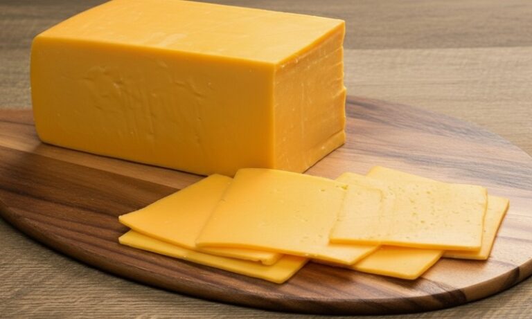 A piece of cheddar cheese placed on a wooden cutting board