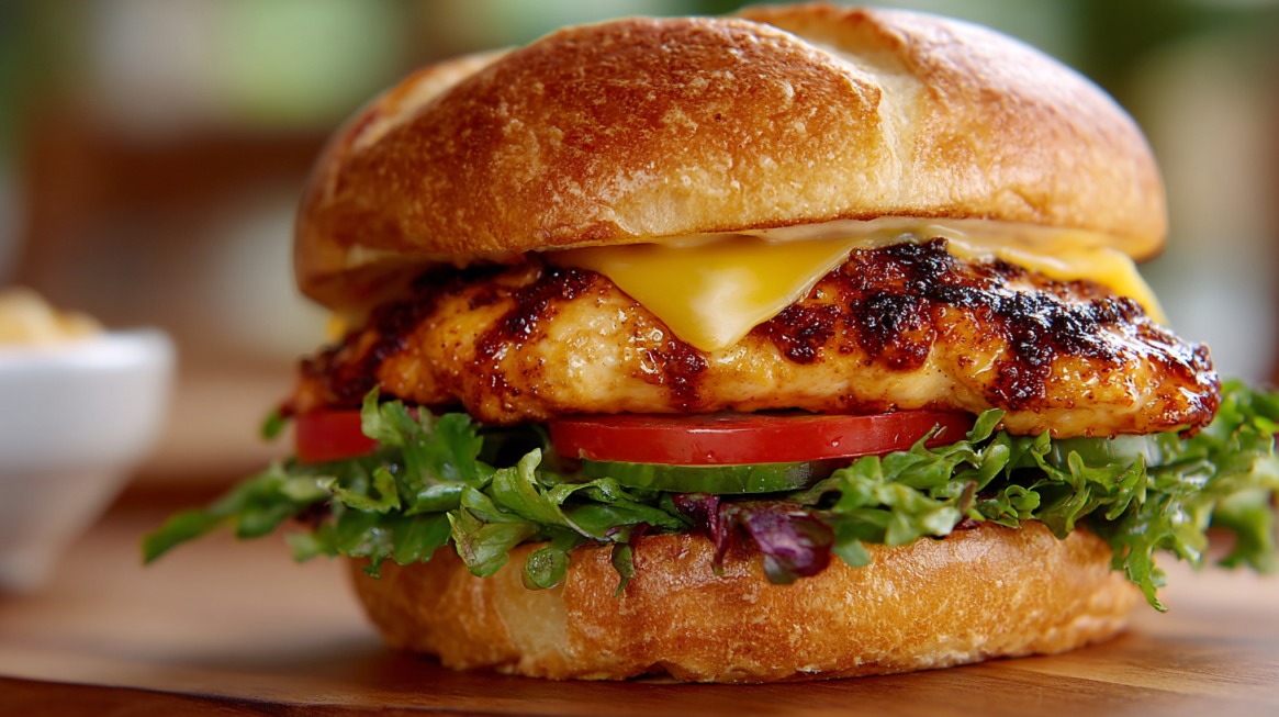 Close-up of a Chick-fil-A grilled chicken sandwich with lettuce, tomato, cheese, and a toasted bun