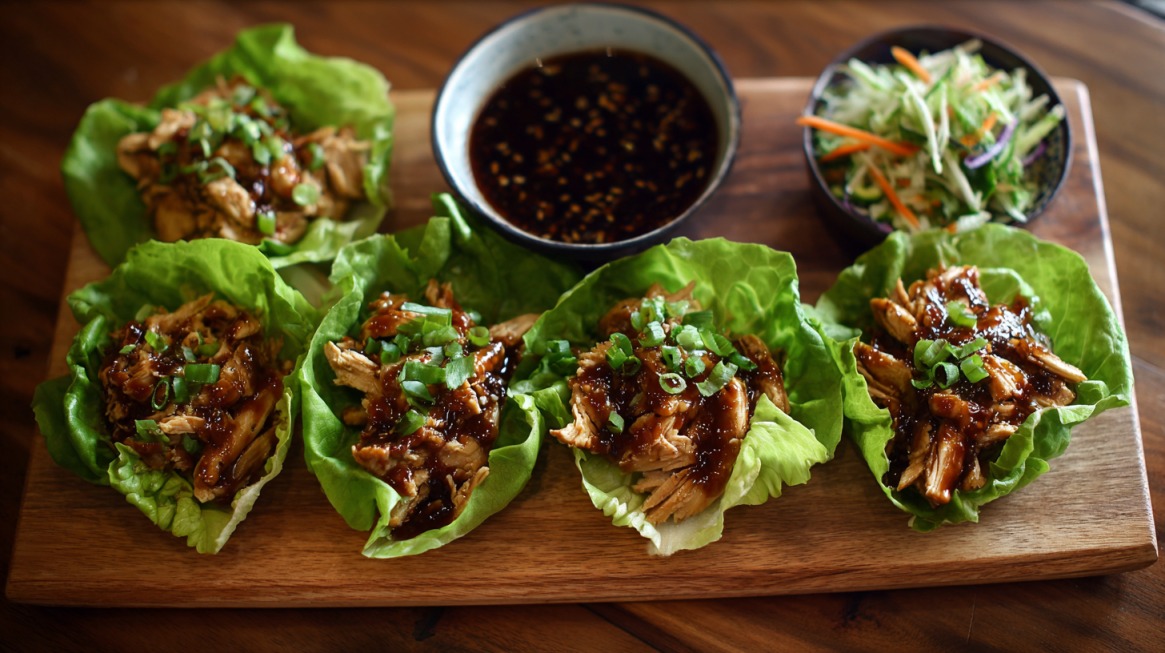Five chicken lettuce wraps topped with hoisin sauce and chopped green onions, served with dipping sauce and slaw on a wooden board