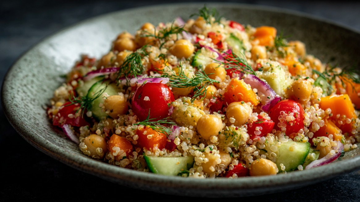Close-up of a vibrant chickpea and quinoa salad with tomatoes, cucumbers, red onions, and fresh herbs