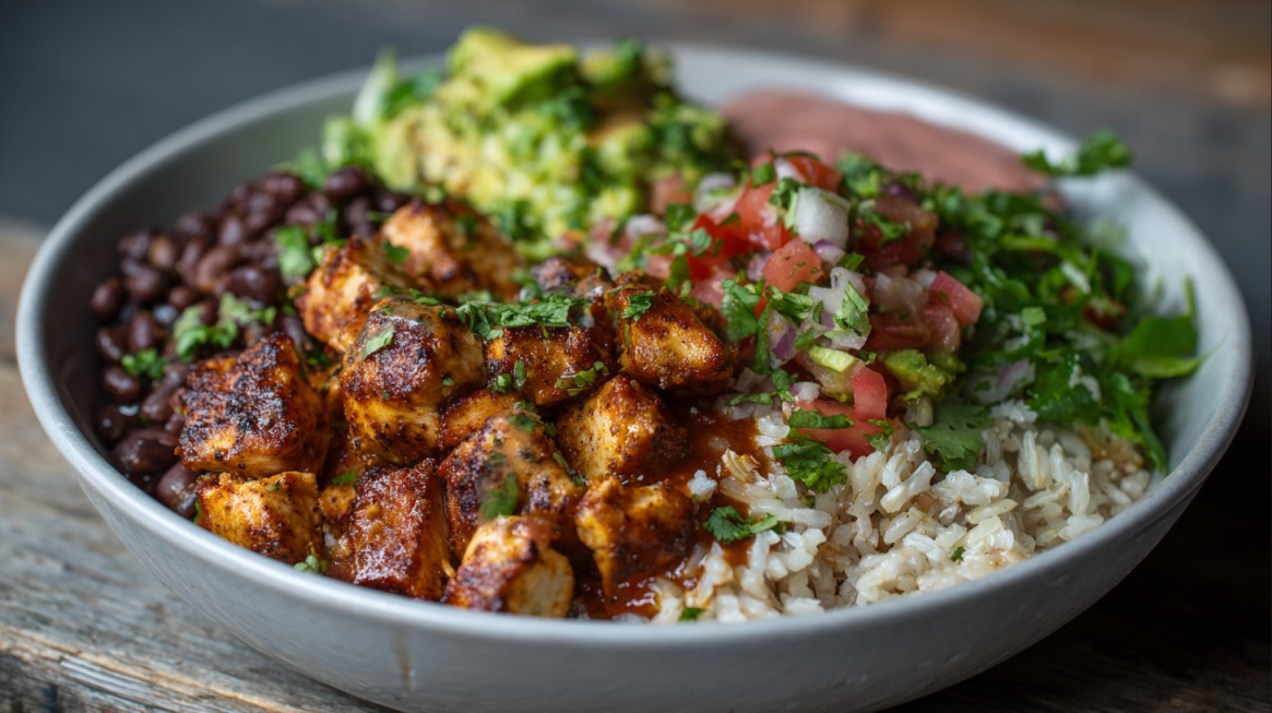 Close-up of a Chipotle burrito or lifestyle bowl filled with grilled chicken, rice, black beans, pico de gallo, guacamole, and cilantro