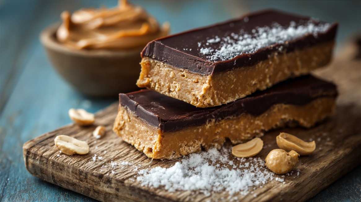 Two chocolate-covered peanut butter protein bars on a wooden board with peanuts and a bowl of peanut butter in the background