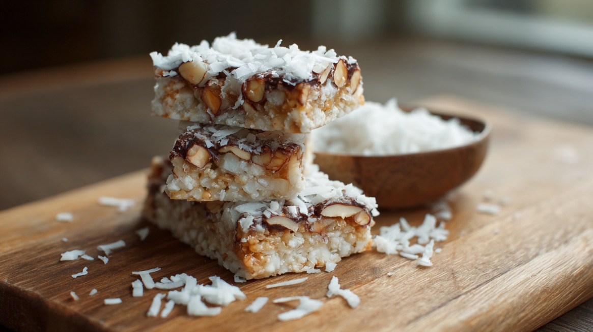 Homemade coconut almond crunch bars stacked on a wooden board, topped with shredded coconut and chocolate drizzle