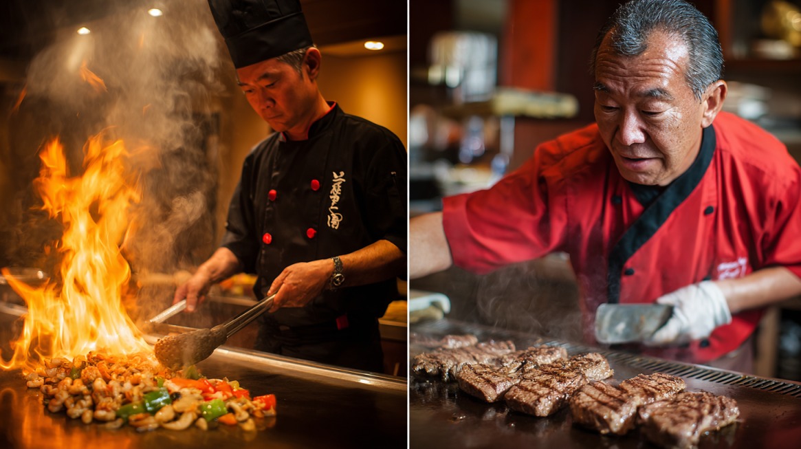 Side-by-side image of two Japanese chefs — one cooking with a fiery flat iron griddle (teppanyaki) and another grilling steak over an open flame (hibachi)