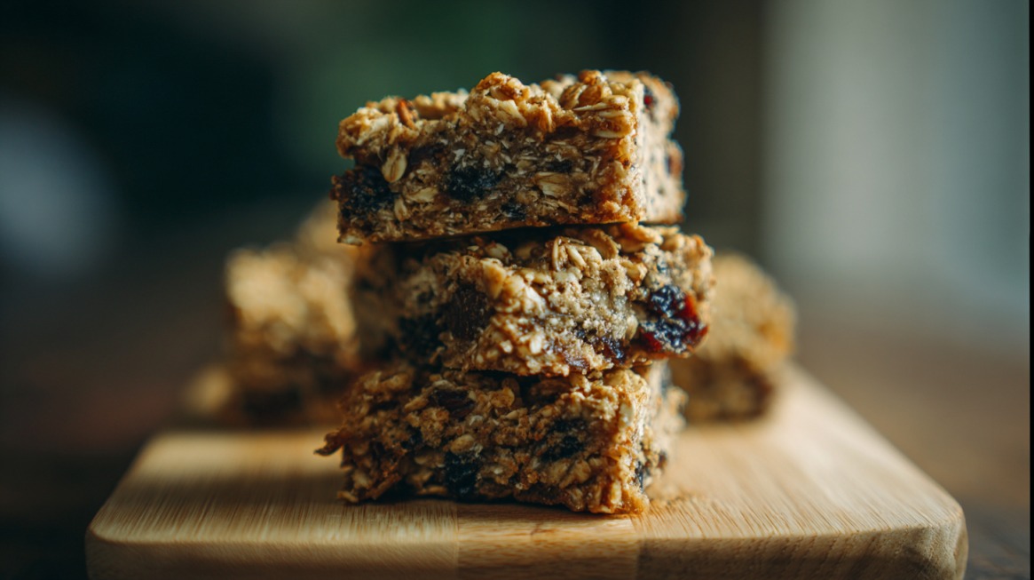 Stack of homemade oatmeal date breakfast bars with oats and dried fruit visible, placed on a wooden board
