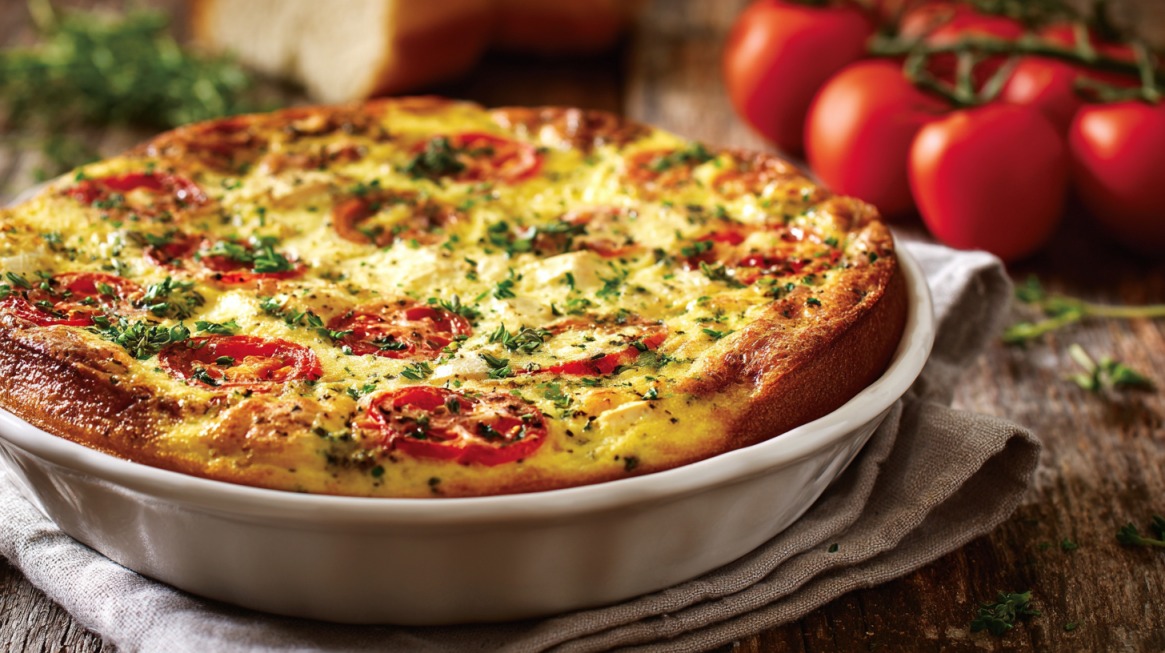 Close-up of a baked egg casserole with tomatoes, herbs, and cheese in a white dish on a rustic wooden table