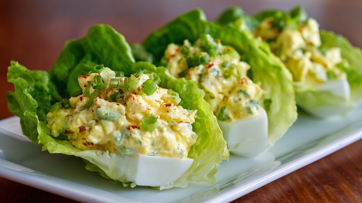 Close-up of egg salad served in lettuce leaves, garnished with green onions and paprika on a white plate
