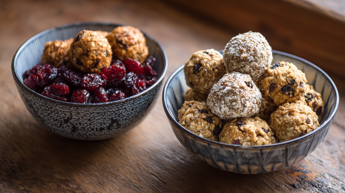 Two bowls of homemade energy balls with oats, raisins, and coconut, one surrounded by dried cranberries on a wooden surface