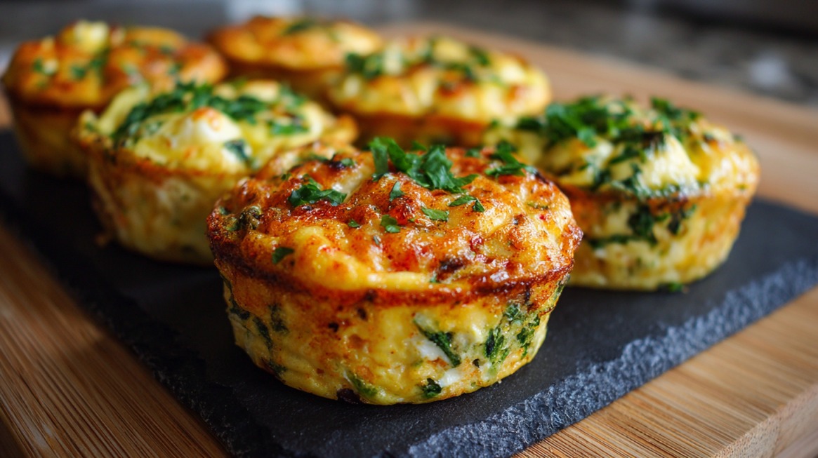 Close-up of freshly baked egg muffins with herbs and vegetables on a slate board