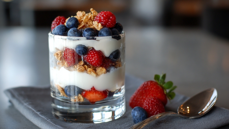 A glass layered with Greek yogurt, fresh berries, and granola, served with a spoon and strawberries on a gray napkin