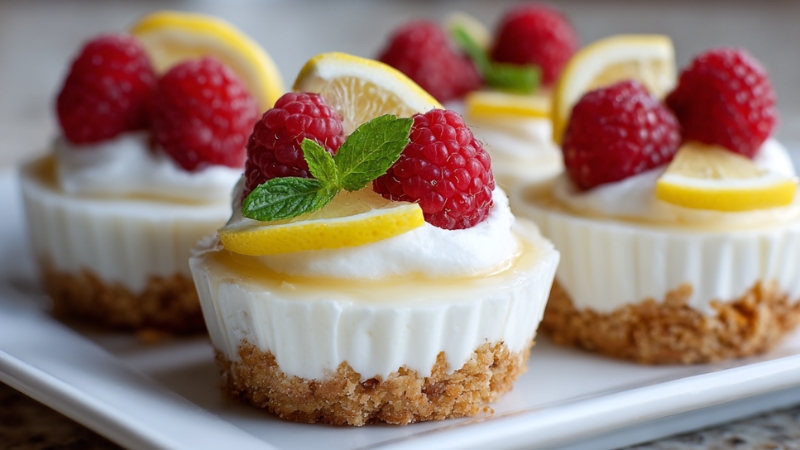 Mini Greek yogurt lemon cheesecake cups topped with raspberries, lemon slices, and mint on a white plate