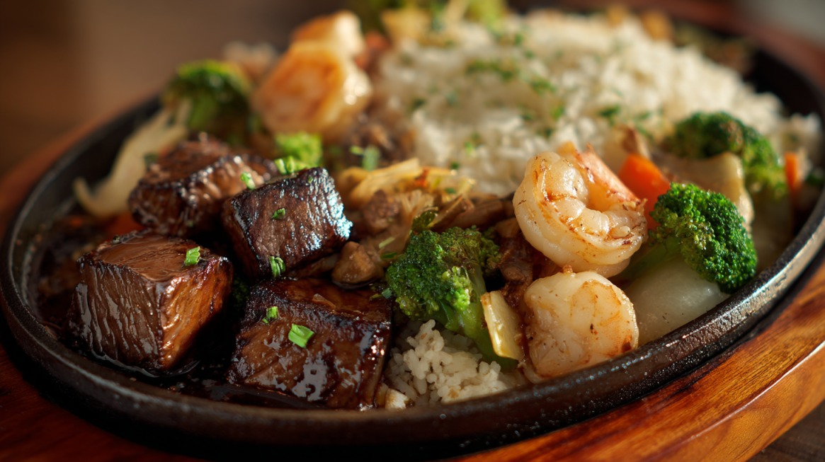 Close-up of a hibachi meal featuring cubes of grilled steak, shrimp, broccoli, carrots, and fried rice on a hot cast-iron plate