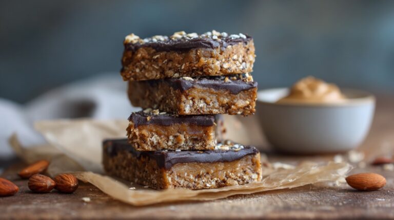 Stack of homemade protein bars topped with chocolate and oats on parchment paper, with almonds and peanut butter in the background