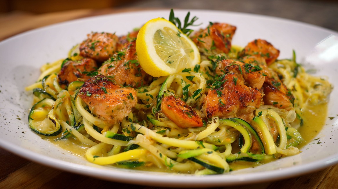 Plate of lemon chicken zoodle pasta topped with grilled chicken pieces, fresh herbs, and a lemon slice