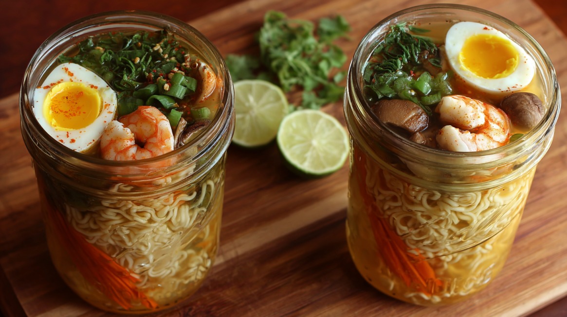 Two mason jars filled with noodle soup topped with shrimp, soft-boiled eggs, mushrooms, herbs, and lime slices on a wooden surface.