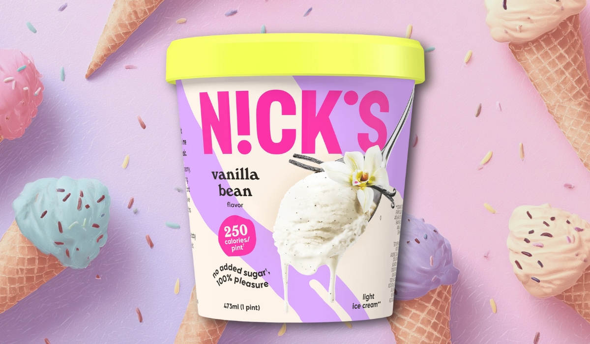 Nick’s Vanilla Bean light ice cream pint with yellow lid on a pastel background decorated with ice cream cones and sprinkles