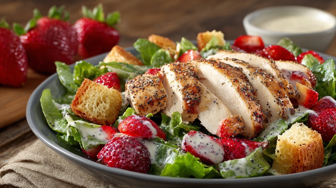Close-up of Panera Bread’s Strawberry Poppyseed Salad with Chicken, featuring sliced grilled chicken, strawberries, lettuce, croutons, and poppyseed dressing