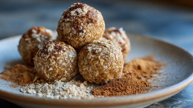 A plate of peanut butter oat bites coated with oats and cinnamon