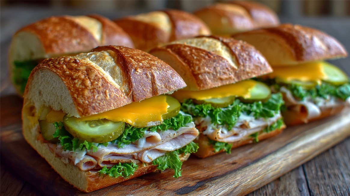 Close-up of turkey and cheddar sandwiches with lettuce and pickles on a wooden board