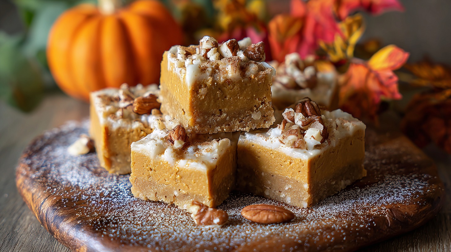 Pumpkin spice no-bake dessert bars topped with nuts and frosting on a wooden board with a pumpkin and fall leaves in the background