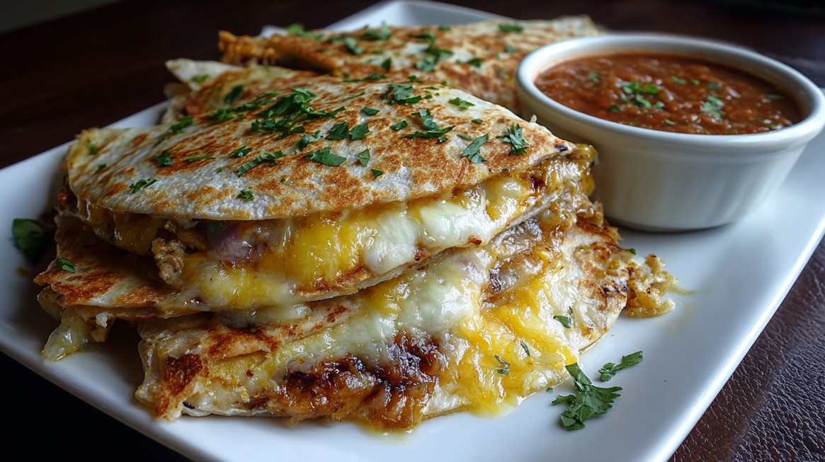 Close-up of stacked cheese quesadillas garnished with herbs and served with a bowl of salsa on a white plate