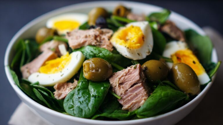 A bowl of spinach salad topped with chunks of tuna, sliced hard-boiled eggs, and green olives