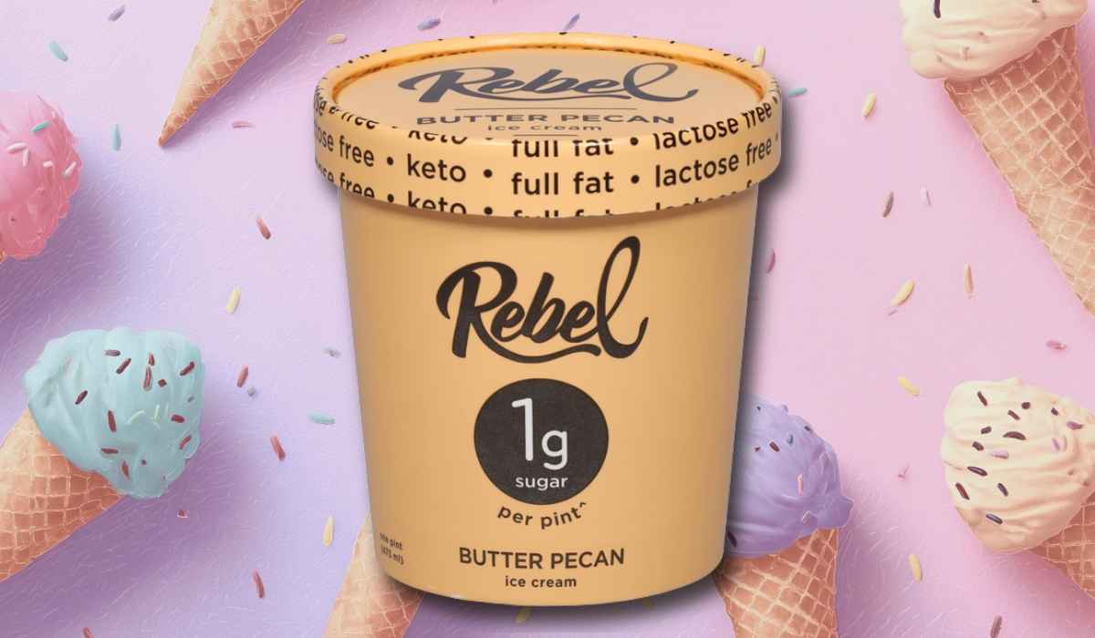 Rebel Butter Pecan ice cream pint with beige packaging on a pastel background decorated with ice cream cones and sprinkles