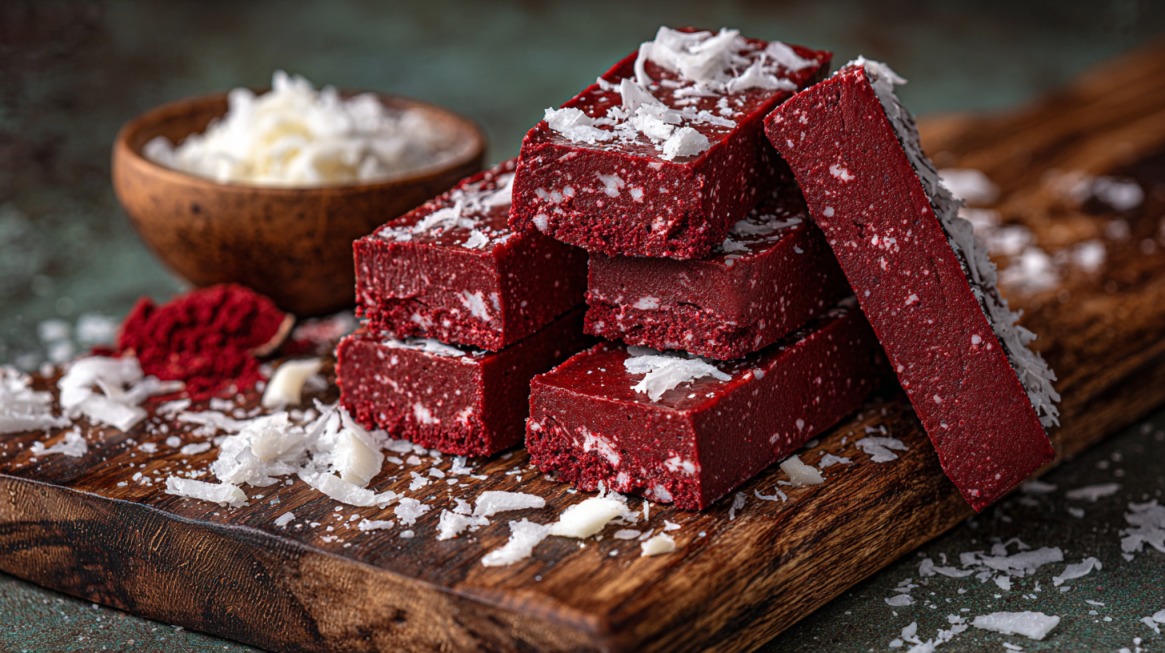 Stack of red velvet protein fudge bars sprinkled with coconut flakes on a wooden board with a bowl of coconut in the background